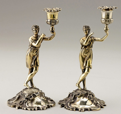 Fox Family Sterling Silver Gilt Figural Cast Candlesticks (Pair) - Charles Thomas Fox, George Fox